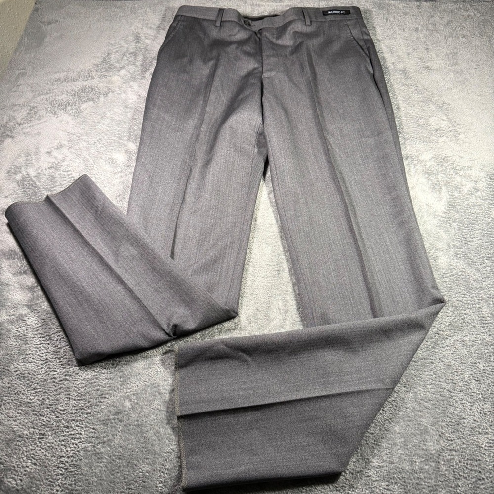 Jos A Bank Executive Tailored Fit Grey Herringbone 100% Wool Dress Pants 35R NEW